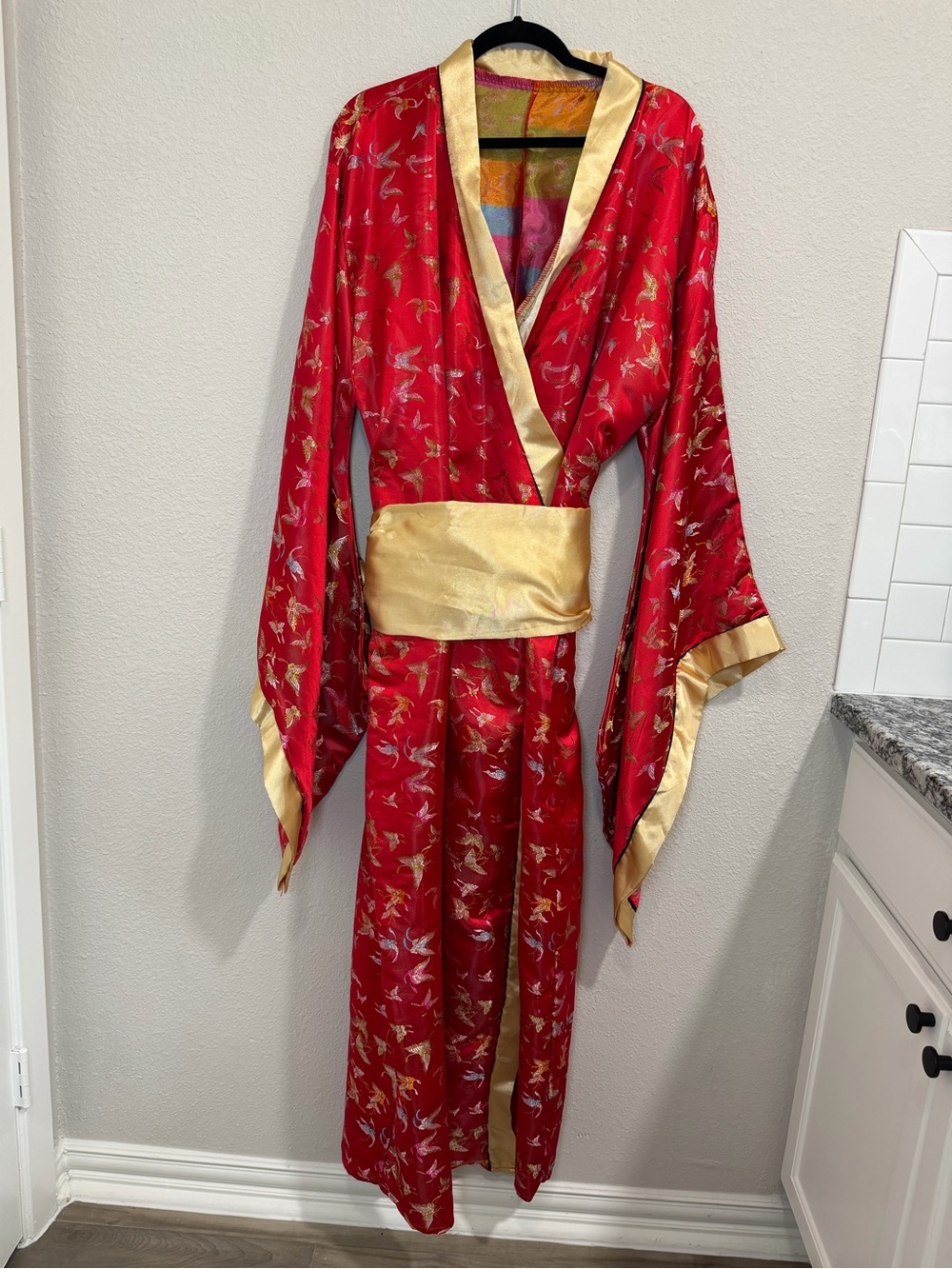 Red Satin Kimono Robe with Gold Trim